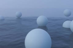 白球漂浮在湖上，3D渲染.