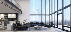 奢华的现代顶层公寓内饰全景窗，3D渲染