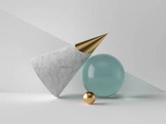 白色背景、大理石锥形、蓝色玻璃水蓝球、金球、极简主义物品、高雅装饰元素、现代清洁设计的3D简约几何形状
