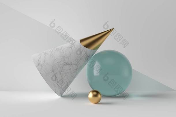 白色背景、大理石锥形、蓝色玻璃水蓝球、金球、极简主义物品、<strong>高雅</strong>装饰元素、现代清洁设计的3D简约几何形状