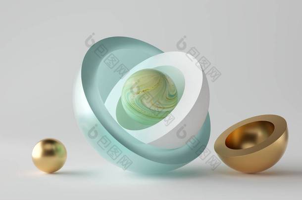 3D抽象的最低现代背景，玻璃外壳内的绿玛瑙芯，金半球，金球，孤立的物体，简单干净的设计，高雅的装饰