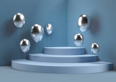 舞台舞台场景和气球最小的想法,显示或展示蓝色背景. 3D渲染.