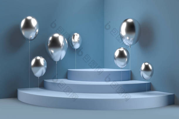 <strong>舞台舞台</strong>场景和气球最小的想法,显示或展示蓝色背景. 3D渲染.