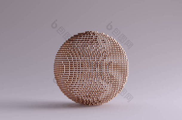由大量小立方体构成的具有视觉走样<strong>效果</strong>的青铜球3D图形3D渲染