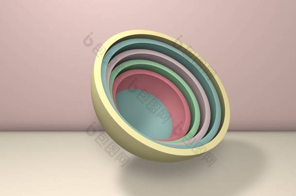 三维的例子几个半球，球的一半类似盘子，杯子... 这些部分是随机安排的。 3D渲染，抽象<strong>简约背景</strong>.