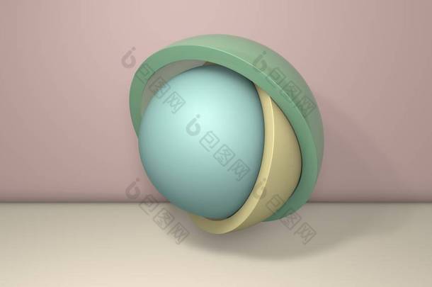 三维的例子说明几个半球，球的一半。 分段是随机排列的，任意排列在不同的位置和大小。 3D渲染，抽象简约背景.