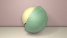 三维的例子说明几个半球，球的一半。 分段是随机排列的，任意排列在不同的位置和大小。 3D渲染，抽象简约背景.