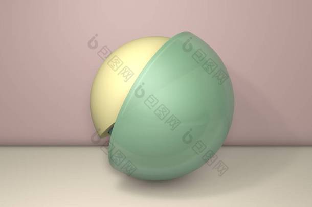 三维的例子说明几个半球，球的一半。 分段是随机排列的，任意排列在不同的位置和大小。 3D渲染，抽象<strong>简约背景</strong>.