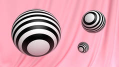 三维墙纸化妆品球，黑色和白色，粉红面料背景.