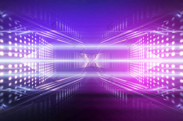 紫外线的抽象光。 二极管磁带，光缆。 紫罗兰和粉色梯度。 现代背景，霓虹灯。 空荡荡的舞台聚光灯霓虹灯 摘要光.