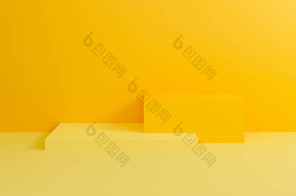 3D黄色讲台。带几何形状的<strong>墙体</strong>背景图.明亮的黄色立方体用于促销.三维渲染设计，用于展示产品和在网站上演示。创意最少.
