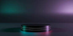 现代抽象的未来圆形黑暗金属讲台与蓝色和洋红色霓虹灯照明。黑暗房间里的极简主义基座。3D渲染说明