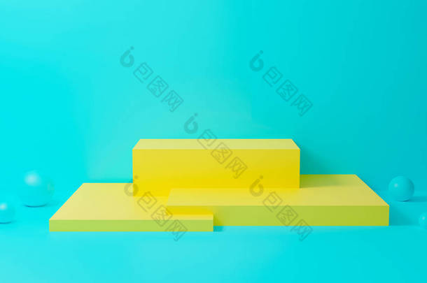 3D蓝色讲台。带几何形状的墙体<strong>背景图</strong>.明亮的黄色立方体用于促销.三维<strong>渲染</strong>设计，用于展示产品和在网站上演示。创意最少.