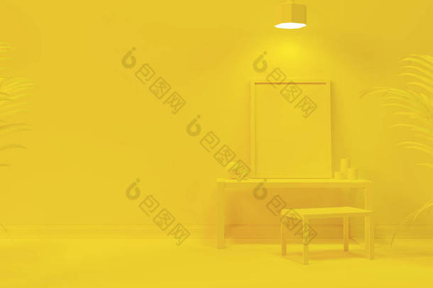 最小概念工作空间与<strong>框架</strong>在桌子上。<strong>产品</strong>展示的设计。黄色的彩绘场景.摘要现代背景。3D渲染。3D插图.