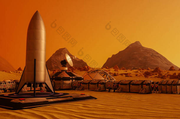 <strong>红色星球</strong>火星上的前哨（3D渲染）)