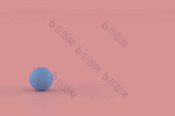 抽象几何物体，粉红色背景下的蓝色球体，极小概念，3D渲染
