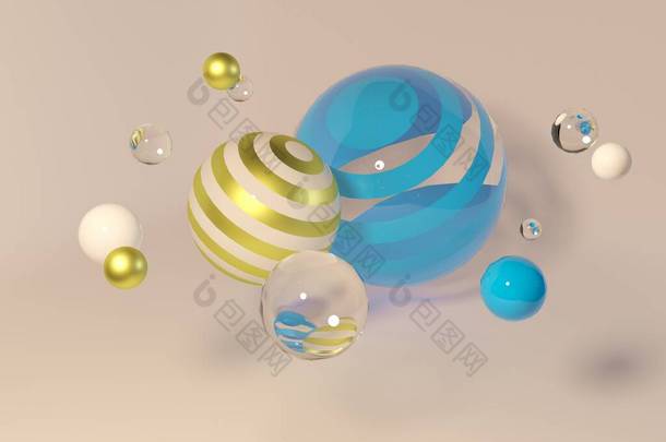 五彩斑斓的装饰球。抽象的三维说明与现实的领域。蓝色、透明和金色球体.