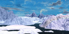 幻想的外星星球山和湖。3D插图