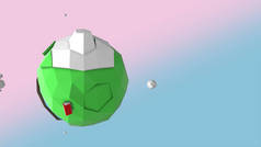 粉红蓝色梯度背景下漂浮的多边形绿色行星上的小房子.