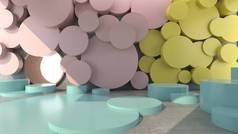 圆形混凝土块的图案和节奏呈粉红色、蓝色、黄色.空旷的空间混凝土房间,有缝隙和闪耀的光芒.面糊背景。糊状质感。说明，3D渲染.