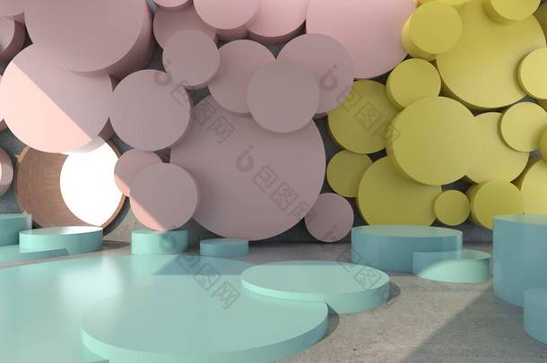 圆形混凝土块的图案和节奏呈粉红色、<strong>蓝</strong>色、黄色.空旷的空间混凝土房间,有缝隙和闪耀的光芒.面糊背景。糊状<strong>质感</strong>。说明，3D渲染.