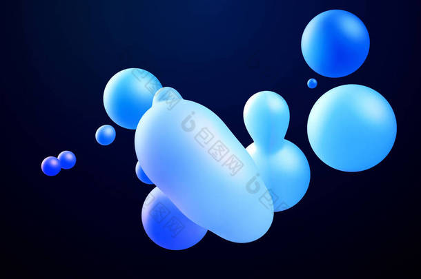 球体或球体像液蜡滴或空气中的球一样合并在一起。蓝色的液体梯度在美丽的水滴上闪烁着光芒,在里面散射光.3D渲染。19