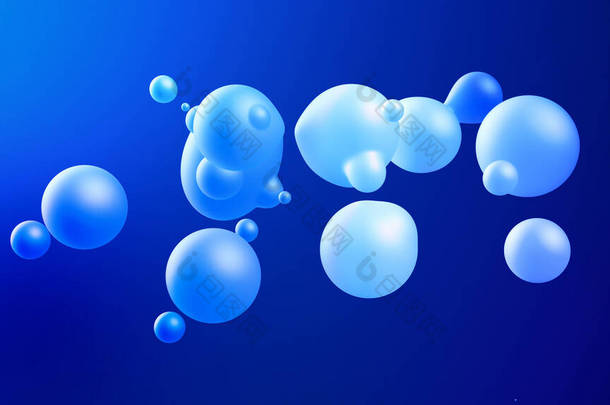 球体或球体像液蜡滴或空气中的球一样合并在一起。蓝色的液体梯度在美丽的水滴上闪烁着光芒,在里面散射光.3D渲染。17
