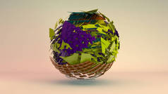 3D渲染由许多彩色多边形、元素和碎片组成的抽象图形。太空中被撕成碎片的球体.