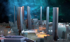 人类在现代科幻小说工业城市的登陆宇宙飞船上，背景是五彩斑斓的星云。3D插图