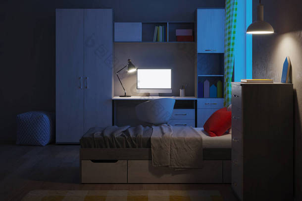 舒适时髦的卧室，专为青少年设计。-<strong>晚安</strong>夜光。3d渲染.