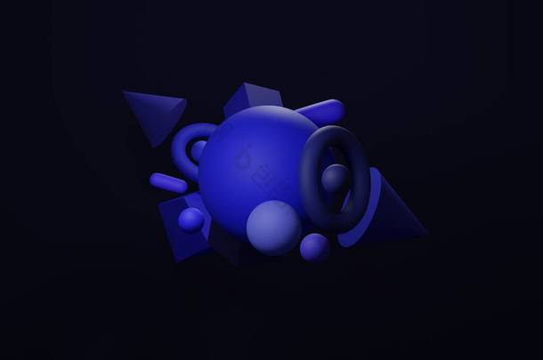 3D渲染抽象背景，蓝色几何形状。计算机生成的最小背景与立方体，球，锥，圆环。现代招贴画封面设计