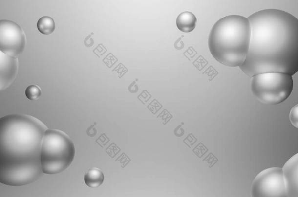 三维银球抽象背景梯度和反思的横幅和墙纸在网站上。浅银<strong>金属质感</strong>或闪亮<strong>金属</strong>球.3D分子模式或原子。空旷的灰色纹理.