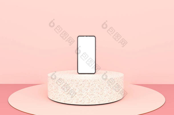 此视图为Smartphone白色显示屏的模拟，它基于圆形大理石Podium在粉刷过的地板上，与粉色背景隔离，可用于商业广告，3D渲染.