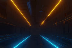 照明走廊室内设计。浅层背景的未来主义隧道。3D渲染.