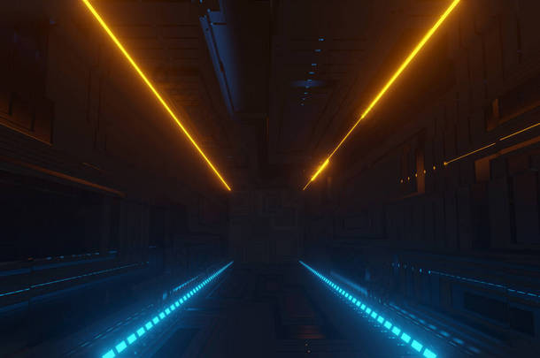 照明走廊<strong>室内设计</strong>。浅层背景的未来主义隧道。3D渲染.