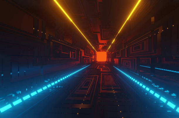 照明走廊<strong>室内设计</strong>。浅层背景的未来主义隧道。3D渲染.