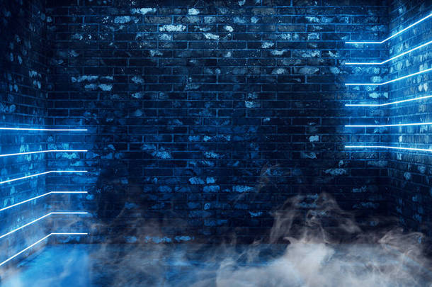 烟雾未来主义线条霓虹灯发光激光经典Pantone Blue Sci Fi Brick Club时尚舞蹈俱乐部车库工作室水泥地板电脑异形3D渲染示例