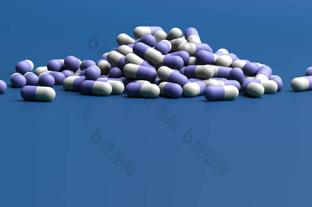 胶囊药丸，健康药学概念。治疗药物。蓝色背景上的蓝色白色胶囊，横幅。3d说明
