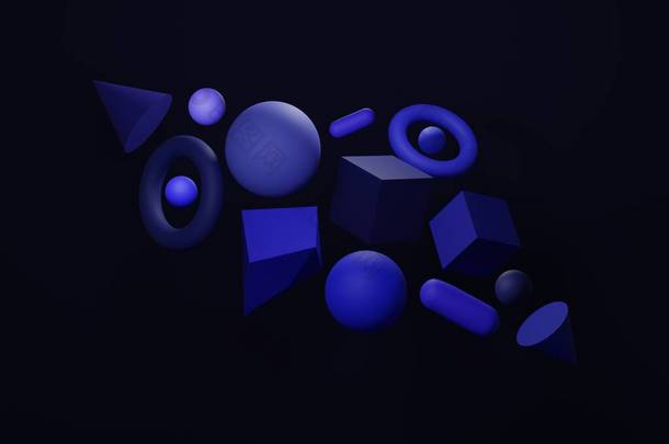 蓝色抽象3D渲染背景，蓝色几何形状。计算机生成的最小背景与立方体，球，锥，圆环。现代<strong>招贴画</strong>封面设计