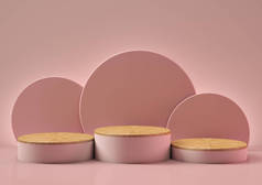 3D系列三款粉红色的盆栽，底部为木制，背景为粉色。文字、图像或产品的空间.