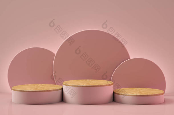 3D系列三款粉红色的盆栽，底部为木制，背景为粉色。文字、图像或产品的空间.