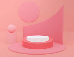 粉红彩绘单色化妆品背景介绍产品，为时尚杂志插图。3D渲染说明