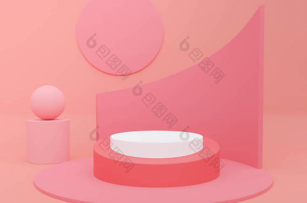 粉红彩绘单色化妆品背景介绍产品，为<strong>时尚杂志</strong>插图。3D渲染说明