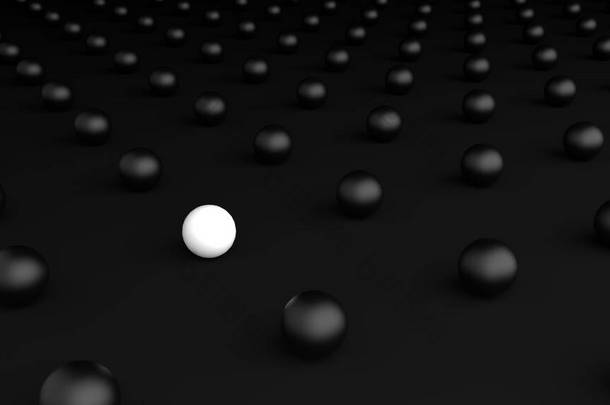 发光的白色球体被许多黑色球体环绕。击中白色球体球。在简单的黑色背景上孤立的明亮的白色球体，极小的黑色，3D渲染.