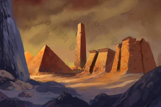 彩色幻想艺术背景下的古代埃及金字塔建筑的数字绘画.数字<strong>风景画</strong>
