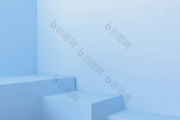 背景3D蓝色渲染，带有讲台和最小蓝色灰泥墙场景，最小抽象背景3D渲染