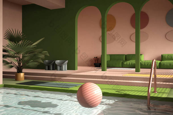 五颜六色的现代客厅，有游泳池、淡绿色、沙发、地毯、装饰、台阶和盆栽、铜吊灯。室内设计氛围、建筑理念