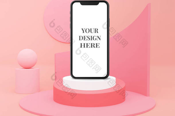 粉色彩绘单色化妆品背景产品和电话演示，时尚杂志插图。3D渲染说明