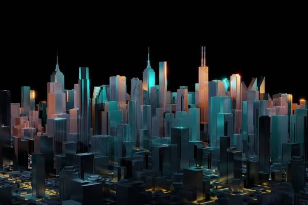 带有线条和数字元素的三维城市渲染。数字摩天大楼。技术概念。透视建筑。3d渲染