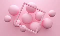 带有阴影和顶灯的球在粉色背景和正方形框架上飞舞。3d渲染